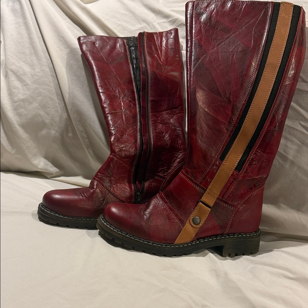 Stylish Red and Tan Heeled Boots